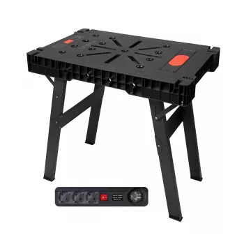 Bancada de trabalho dobrável AWTOOLS com régua de tomadas, montagem rápida, 1000x600x750 mm, capacidade de carga 150 kg, estrutura preta, tampo de madeira natural