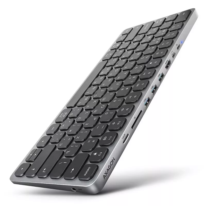 Teclado AXAGON HMC-KB-CRL USB-C com hub 9 em 1, HDMI 4K, PD 100W, Gigabit Ethernet, leitor de cartões, preto
