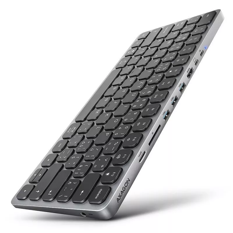 AXAGON HMC-KB-US Teclado USB-C com hub 9-em-1, US QWERTY, HDMI 4K, Gigabit LAN, leitor de cartões, 0,6 m