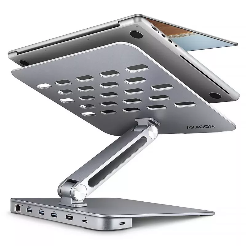 AXAGON HMC-STND Suporte para portátil 10-16 polegadas com hub USB-C 7-em-1, HDMI 4K, PD 100W, Gigabit Ethernet, leitor de cartões SD – prateado