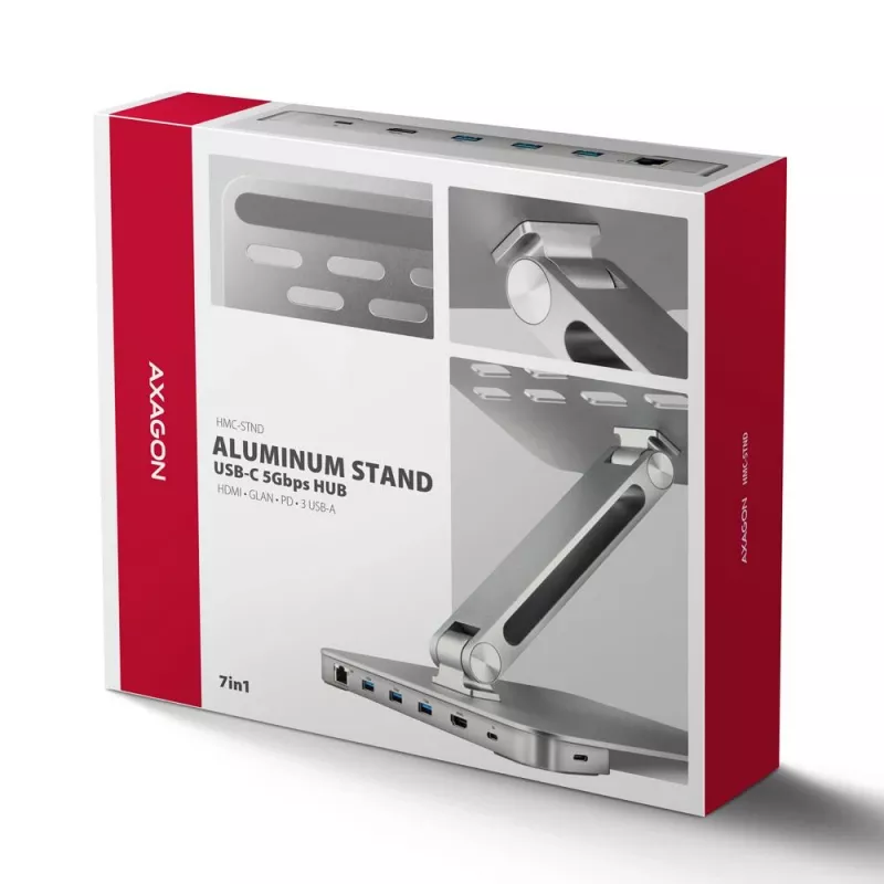 AXAGON HMC-STND Suporte para portátil 10-16 polegadas com hub USB-C 7-em-1, HDMI 4K, PD 100W, Gigabit Ethernet, leitor de cartões SD – prateado