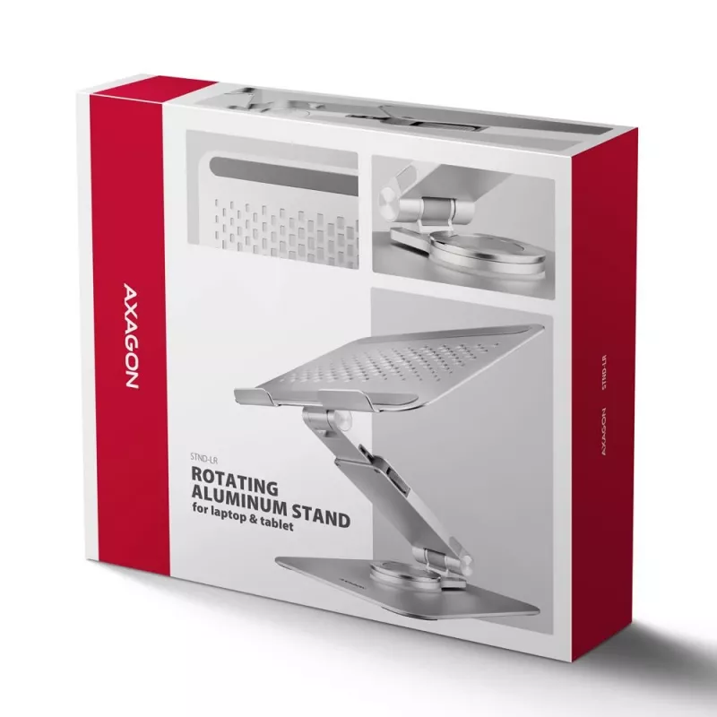 Suporte para portátil AXAGON STND-LR giratório 360° em alumínio para portáteis de 10 a 17 polegadas, Prateado