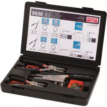 Bahco 9938 conjunto de alicates para anéis de segurança, 4 peças, 180 mm, interior/exterior, retos/curvos, bolsa enrolável