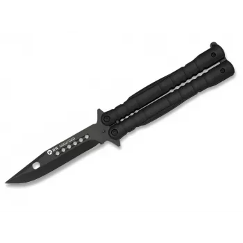 Faca borboleta Balisong K25 02131 preta, lâmina clip-point em aço inoxidável 440, cabo em alumínio