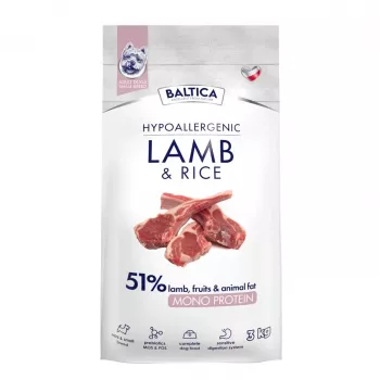 Ração seca hipoalergénica BALTICA NUTRACEUTIC de borrego e arroz para cães de raças extra pequenas e pequenas, 3 kg