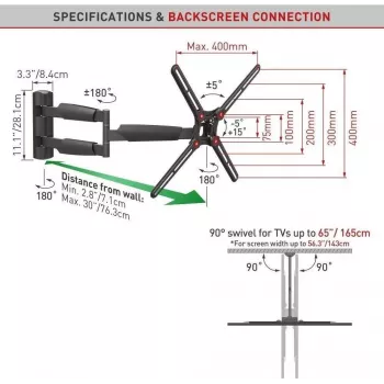 BARKAN BM343XL Suporte de parede para TV totalmente articulado para TVs de 13-65 polegadas, 4 dobradiças, braço extensível, Preto