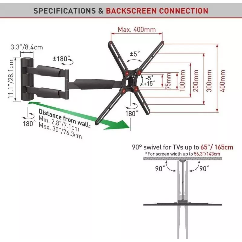 BARKAN BM343XL Suporte de parede para TV totalmente articulado para TVs de 13-65 polegadas, 4 dobradiças, braço extensível, Preto