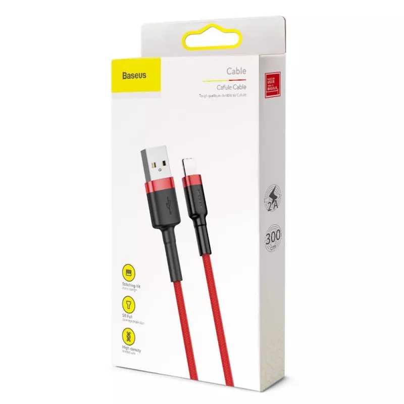 Cabo Lightning Baseus Cafule 2A 3m Vermelho/Preto (CALKLF-R09)