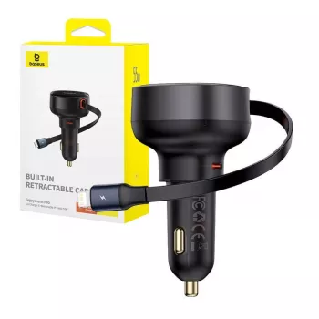 Carregador de carro Baseus Enjoyment Pro carregamento rápido Type-C fêmea, Lightning macho (0,75 m) com cabo retrátil integrado, 55W preto EU