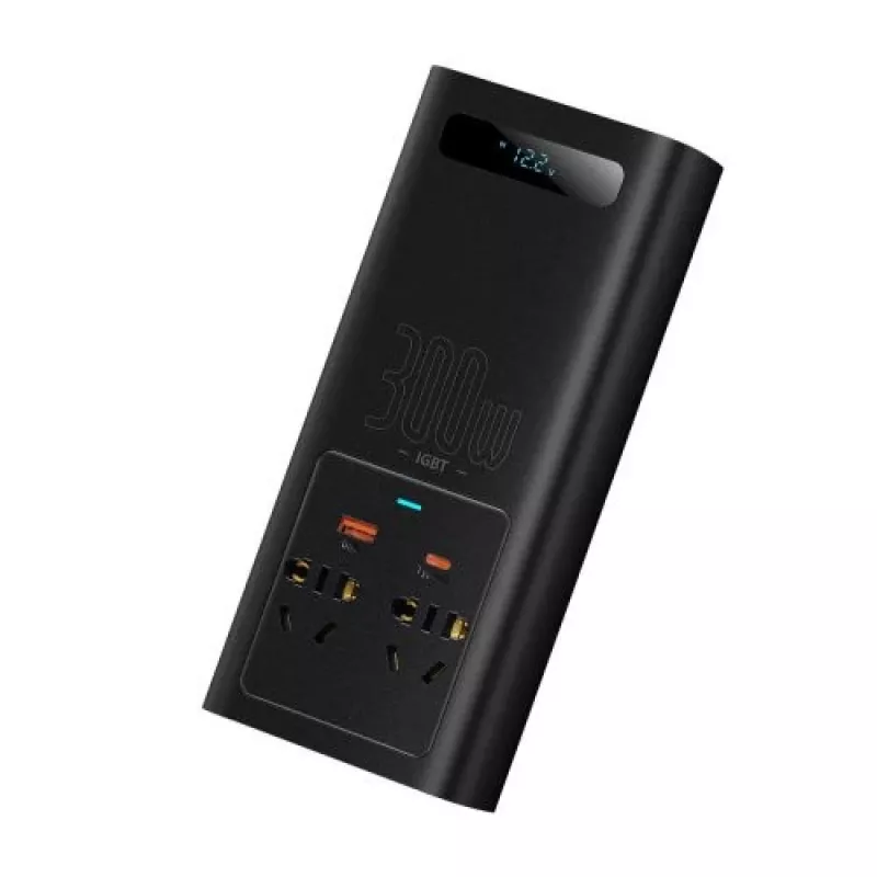 Baseus Inversor de corrente para automóvel IGBT 300W/220V com duas tomadas EU, USB-C PD, USB-A QC, terminais de bateria e cabo para isqueiro, preto (CGNB010101)