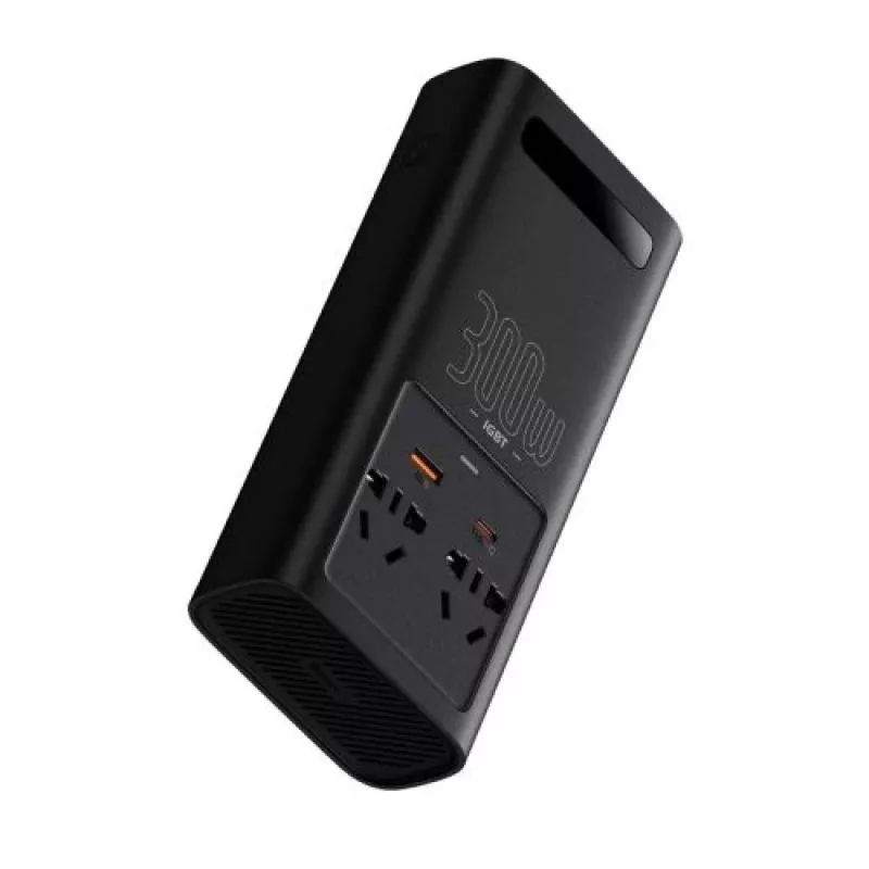 Baseus Inversor de corrente para automóvel IGBT 300W/220V com duas tomadas EU, USB-C PD, USB-A QC, terminais de bateria e cabo para isqueiro, preto (CGNB010101)