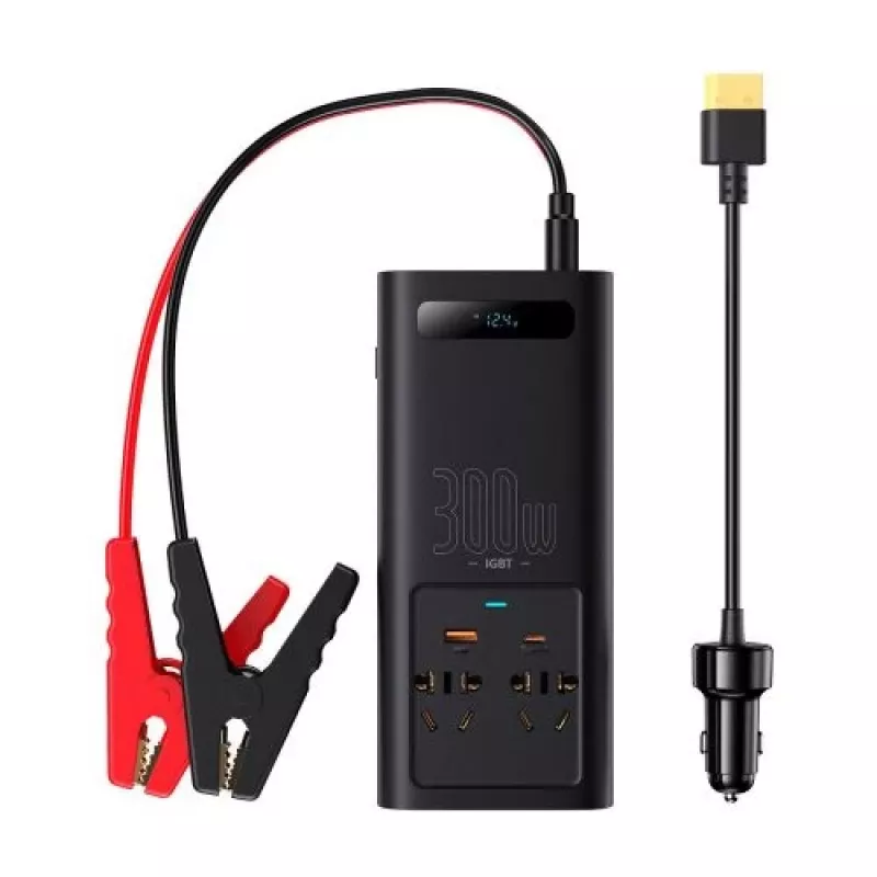 Baseus Inversor de corrente para automóvel IGBT 300W/220V com duas tomadas EU, USB-C PD, USB-A QC, terminais de bateria e cabo para isqueiro, preto (CGNB010101)