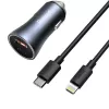 Baseus Golden Contactor Pro Carregador de Carro Duplo Rápido 40W USB-C + USB-A PD 3.0 QC 4+ SCP FCP AFC com Cabo Type-C para Lightning 1m Preto Cinzento Escuro