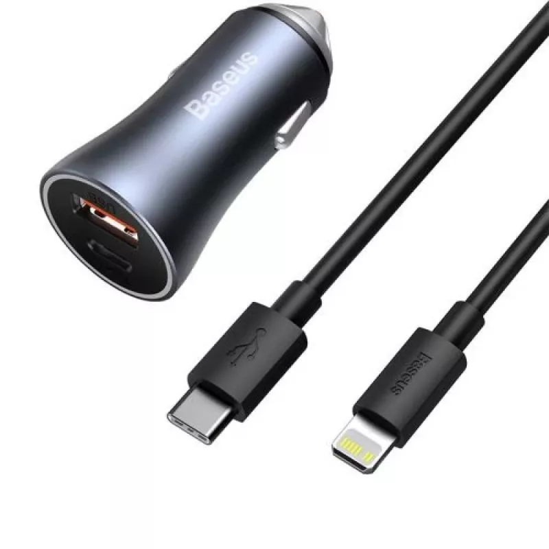 Baseus Golden Contactor Pro Carregador de Carro Duplo Rápido 40W USB-C + USB-A PD 3.0 QC 4+ SCP FCP AFC com Cabo Type-C para Lightning 1m Preto Cinzento Escuro