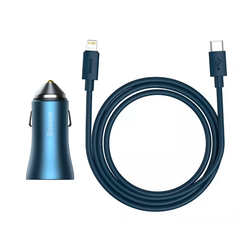 Carregador de carro rápido duplo Baseus Golden Contactor Pro 40W com cabo USB-C para Lightning 1m azul