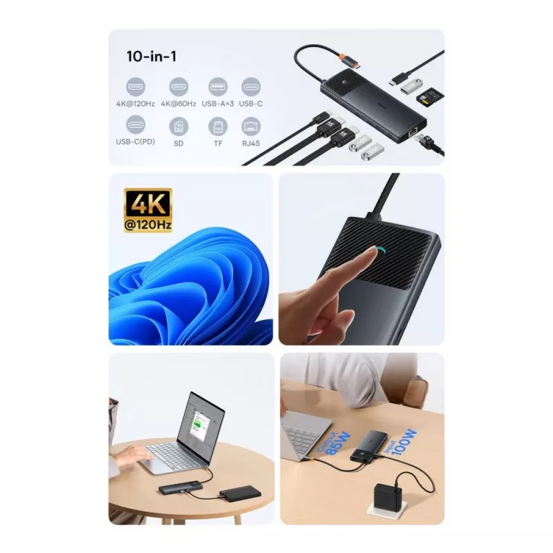 Hub USB-C Baseus Metal Gleam Series 10-em-1 USB-C para USB-C PD / USB-C / 3x USB-A / 2x HDMI / RJ-45 / SD / TF - preto
