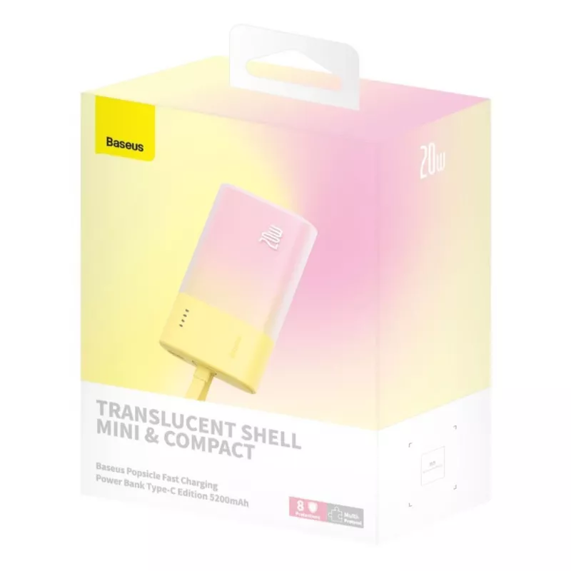 Baseus Popsicle 5200mAh 20W powerbank com cabo Lightning integrado e cabo Baseus Simple USB-C para USB-C 60W 30cm branco - amarelo-rosa