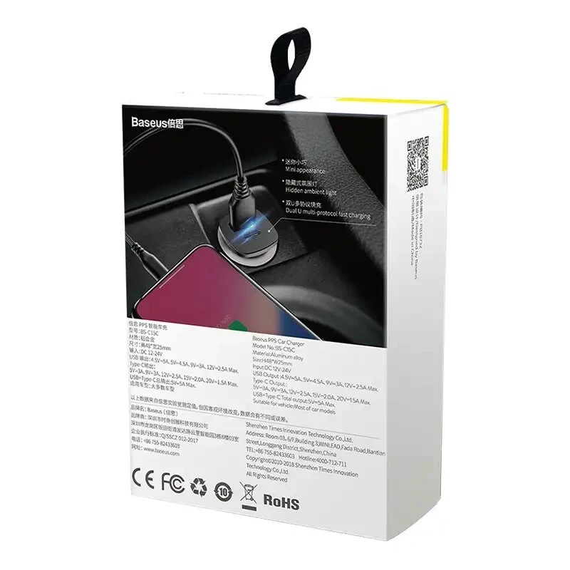 Carregador de carro Baseus Square PPS QC4.0 / PD3.0 5A 30W (preto)