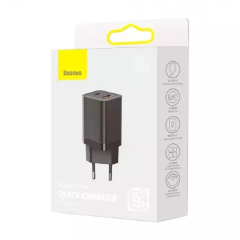 Baseus Super Si Pro Mini Carregador rápido 30W, USB-C + USB-A, PD 3.0, QC 3.0, ficha EU, preto (CCSUPP-E01)