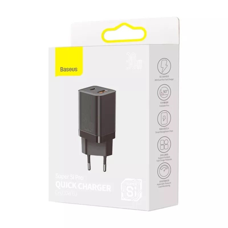 Baseus Super Si Pro Mini Carregador rápido 30W, USB-C + USB-A, PD 3.0, QC 3.0, ficha EU, preto (CCSUPP-E01)