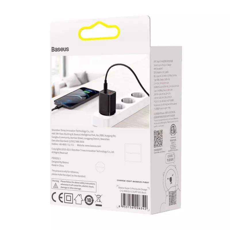 Baseus Super Si Pro Mini Carregador rápido 30W, USB-C + USB-A, PD 3.0, QC 3.0, ficha EU, preto (CCSUPP-E01)