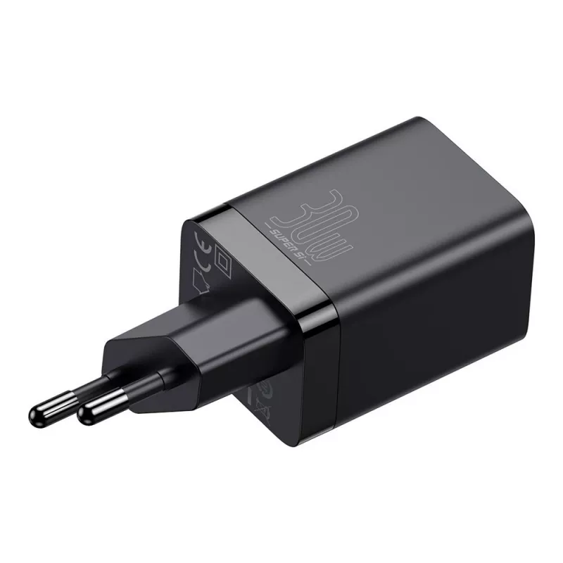 Baseus Super Si Pro Mini Carregador rápido 30W, USB-C + USB-A, PD 3.0, QC 3.0, ficha EU, preto (CCSUPP-E01)