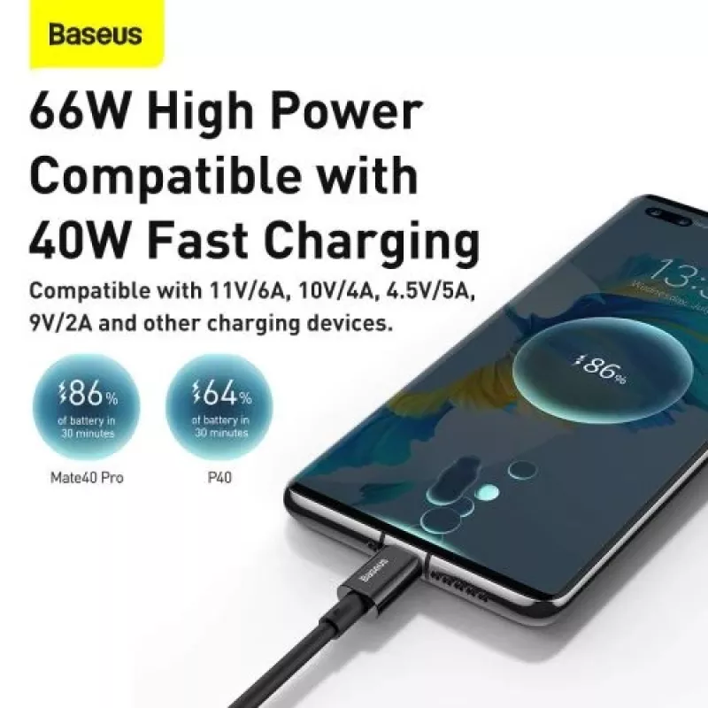 Cabo de carregamento rápido e dados Baseus Superior Series USB-A para USB-C, 66W (11V/6A), 2m, preto (CATYS-A01)
