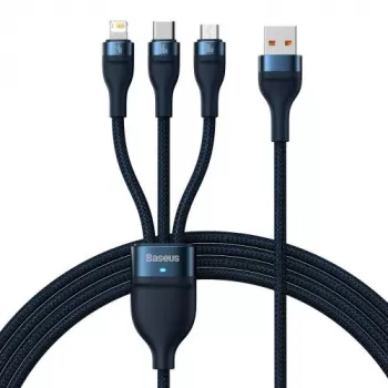 Cabo universal de carregamento rápido e dados Baseus Flash Series II 3-em-1 (USB-A para Micro + Lightning + Type-C) 66W, 480mbps, 1,2m, azul (CASS040003)