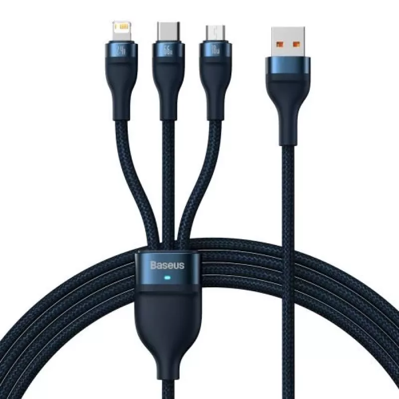 Cabo universal de carregamento rápido e dados Baseus Flash Series II 3-em-1 (USB-A para Micro + Lightning + Type-C) 66W, 480mbps, 1,2m, azul (CASS040003)