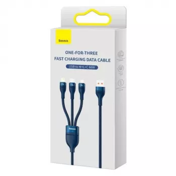 Cabo universal de carregamento rápido e dados Baseus Flash Series II 3-em-1 (USB-A para Micro + Lightning + Type-C) 66W, 480mbps, 1,2m, azul (CASS040003)