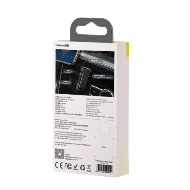 Baseus WXQY-01 Recetor Bluetooth 5.0 AUX para automóvel com função de carregamento Micro-USB – alcance de 10 m, 145 mAh, preto