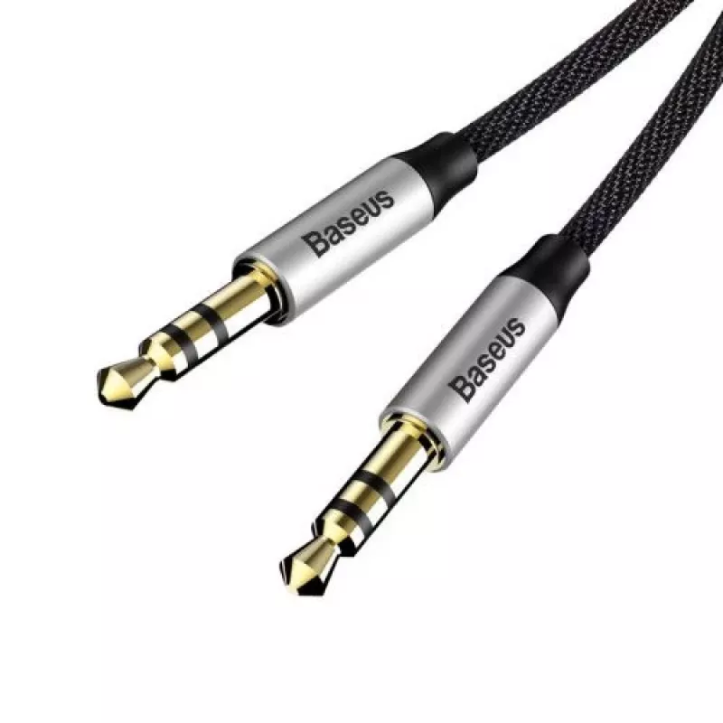 Baseus Yiven M30 cabo de áudio de 3,5 mm (jack para jack) – 1 m, nylon entrançado, banhado a ouro, preto/prateado