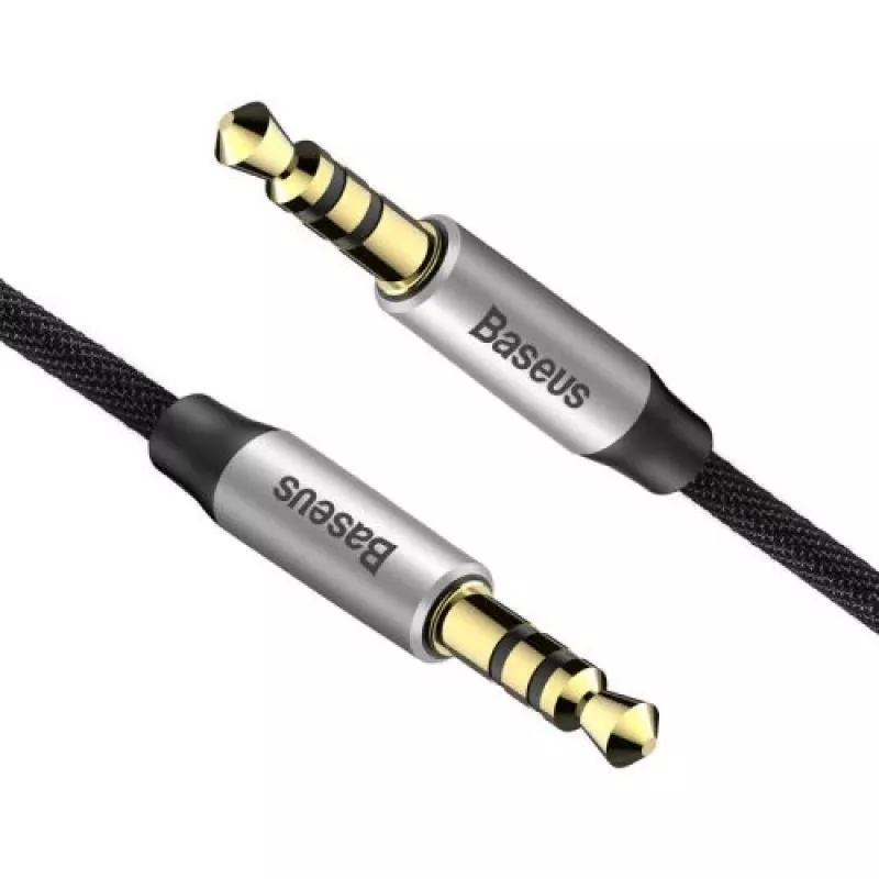 Baseus Yiven M30 cabo de áudio de 3,5 mm (jack para jack) – 1 m, nylon entrançado, banhado a ouro, preto/prateado