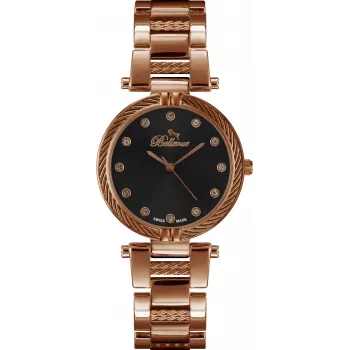 Relógio de mulher BELLEVUE D26 analógico de quartzo 32mm caixa de aço inoxidável pulseira de pele preta