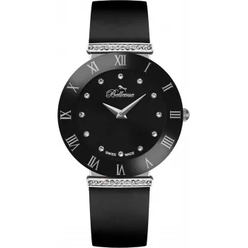 BELLEVUE E126 relógio de quartzo analógico mulher 26mm mostrador prateado pulseira de pele preta