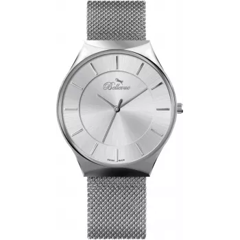 BELLEVUE relógio de quartzo analógico homem E56 32 mm caixa em aço inoxidável mostrador preto bracelete em pele genuína
