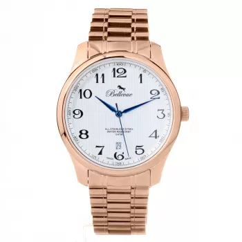 BELLEVUE FB4 Mulher Relógio de quartzo analógico 40mm Aço inoxidável Mostrador preto Bracelete de couro