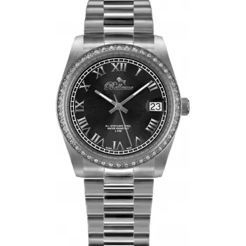 BELLEVUE H1 relógio de quartzo para senhora 35mm mostrador prateado bracelete de couro preta