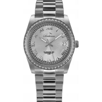 Relógio de quartzo BELLEVUE H3 para mulher 36mm aço inoxidável mostrador branco pele preta