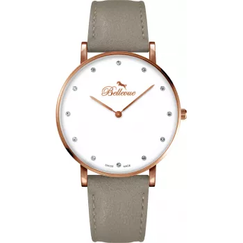 Relógio de quartzo analógico de mulher BELLEVUE B56 40 mm Caixa de aço inoxidável Bracelete de pele preta