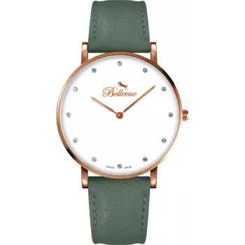Relógio de mulher BELLEVUE B57 40mm quartzo analógico mostrador prateado pele preta