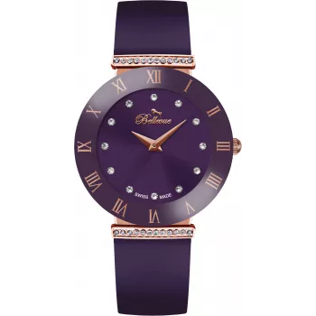 Relógio de mulher BELLEVUE E114 26 mm quartzo analógico mostrador prateado bracelete de couro preto
