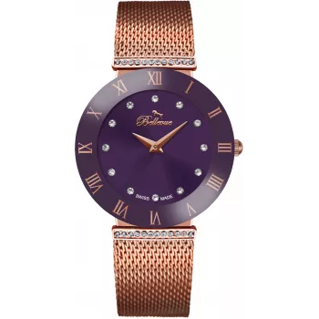 BELLEVUE Relógio analógico de quartzo de mulher F114 26mm aço inoxidável pele preto