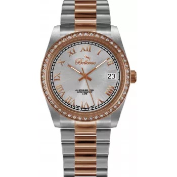 Relógio de quartzo suíço de mulher BELLEVUE I22 27mm mostrador branco bracelete de pele preta