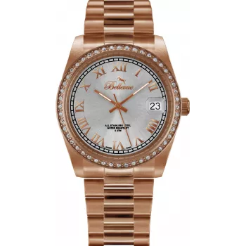 BELLEVUE Woman I28 (28mm) Relógio de pulso de quartzo analógico - Mostrador prateado, bracelete de pele preta