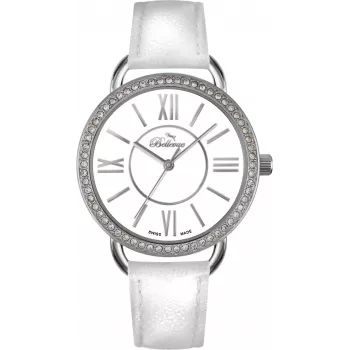 Relógio de quartzo de mulher BELLEVUE A69 38mm mostrador branco pele preta