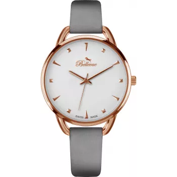 Relógio de quartzo analógico de mulher BELLEVUE B34 38 mm caixa em aço inoxidável mostrador branco bracelete em pele preta