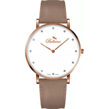Relógio de quartzo analógico de mulher BELLEVUE B53 40 mm Caixa de aço inoxidável Bracelete de pele preta