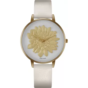 Relógio de mulher BELLEVUE B42-1 40mm aço inoxidável quartzo analógico mostrador branco bracelete de pele preta