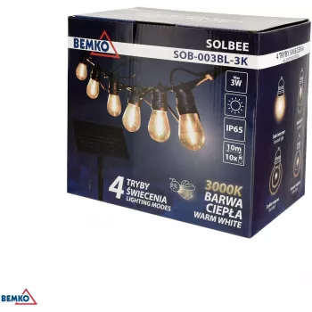 Fio de luzes LED solar para jardim BEMKO SOLBEE 10 LEDs 10m branco quente 3000K IP65 preto